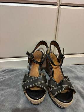 Clarks Indigo Black Leather White Stitching Espadrille Wedge Sandals 9